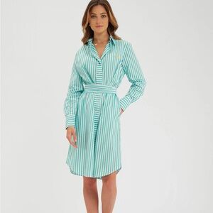 NWOT Ines de La Fressange Paris A-line Striped Green Shirt Dress, size 42 US 10